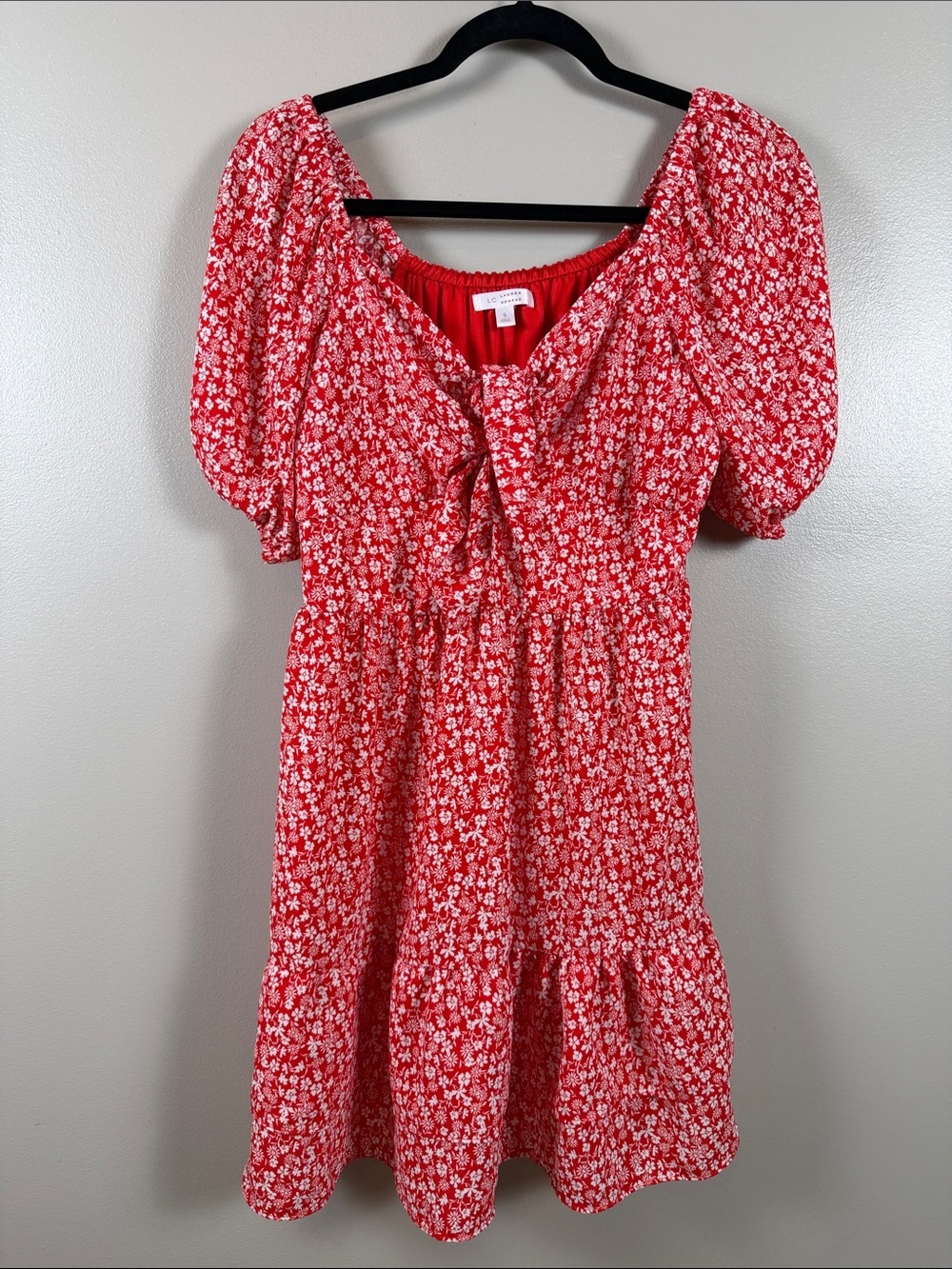 LC Lauren Conrad Red Floral Tie-Front Puff Sleeve Summer Dress